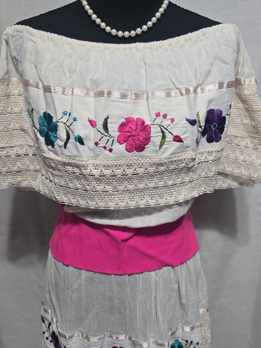 Authentic Mexican Floral Embroidered Off-Shoulder Dress with Hot Pink Sash Size